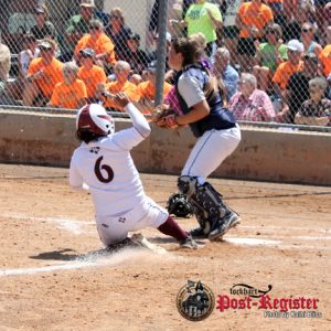 Lady Lion Chelsea Capello scores Lockhart's first and only run on Saturday morning during the second half of the Regional Quarterfinals against the Smithson Valley Rangers.